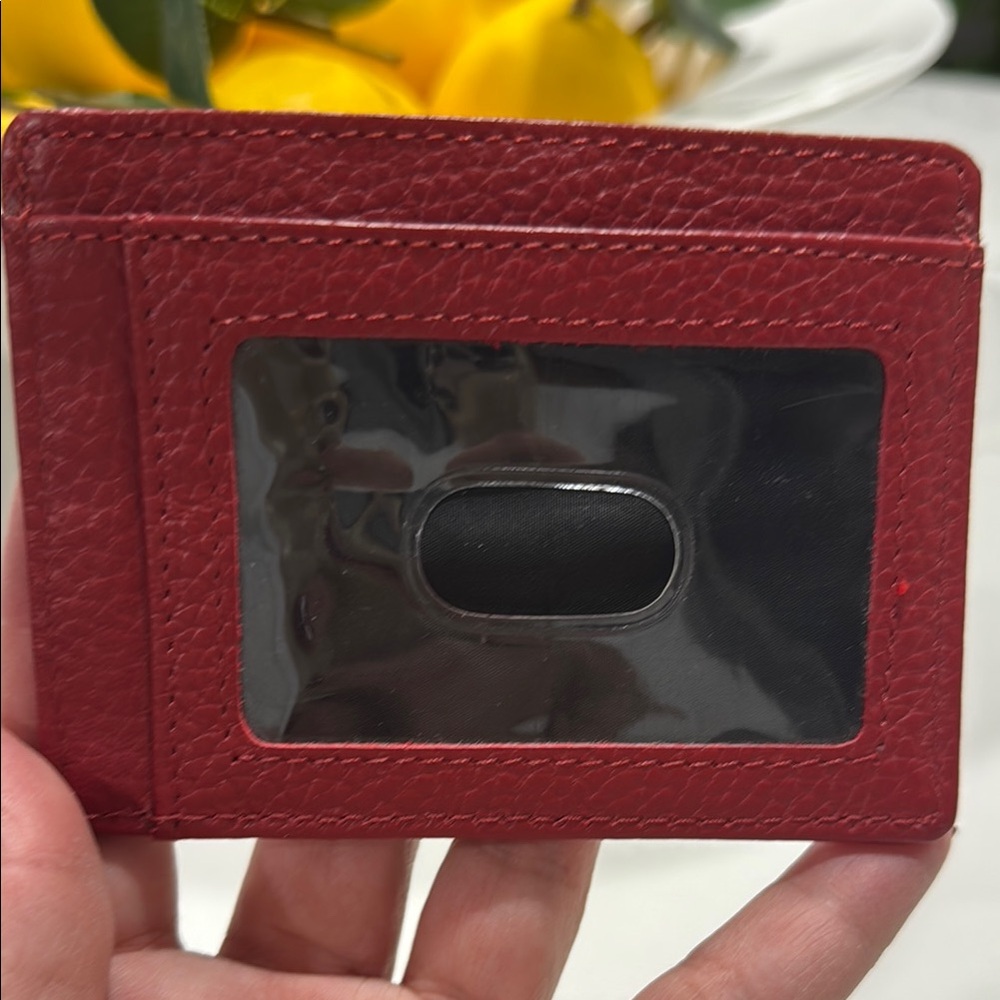 Red Minimalist Leather Card Holder with ID Window